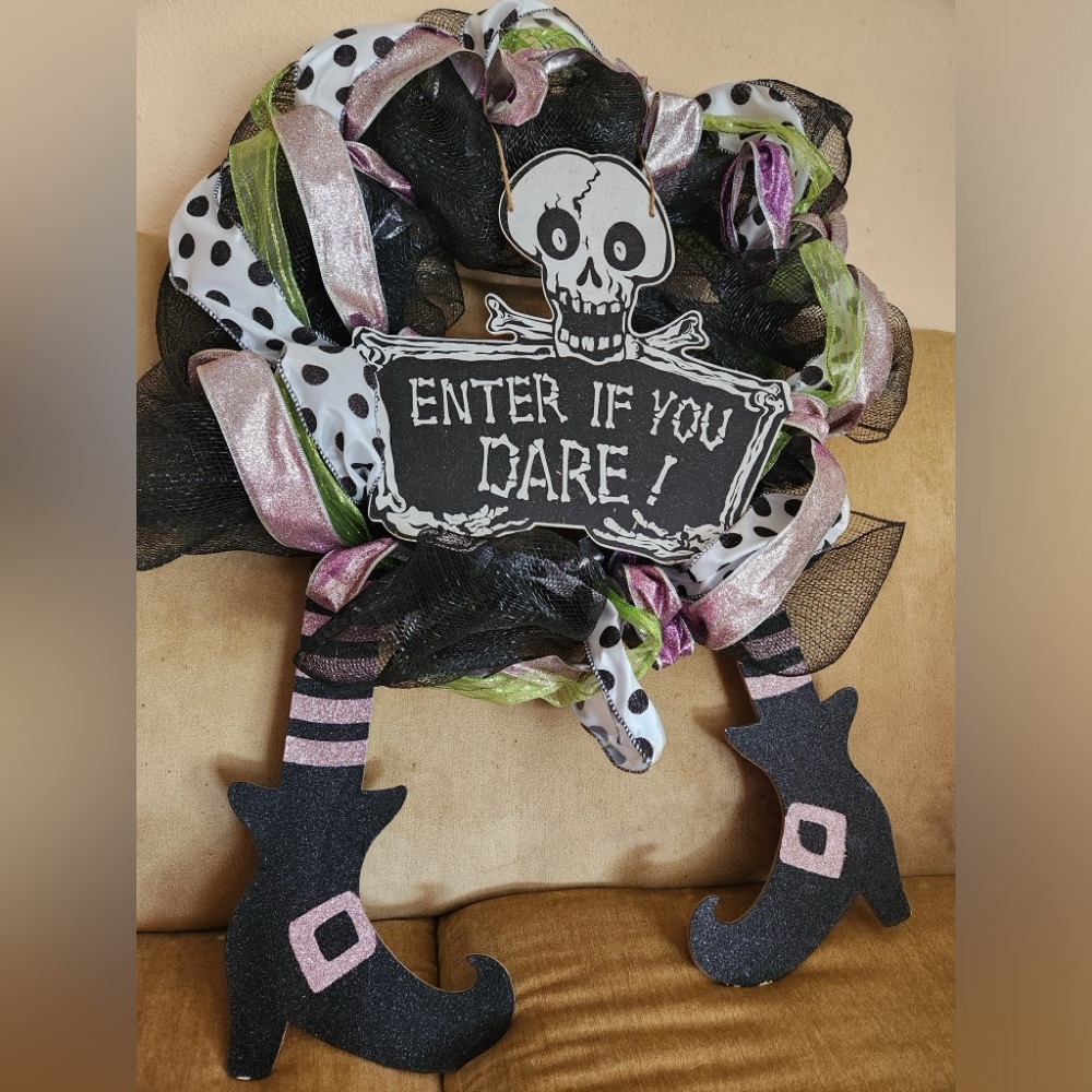 Gothic Halloween wreath wooden sign polka dot pink ribbon witches black boot